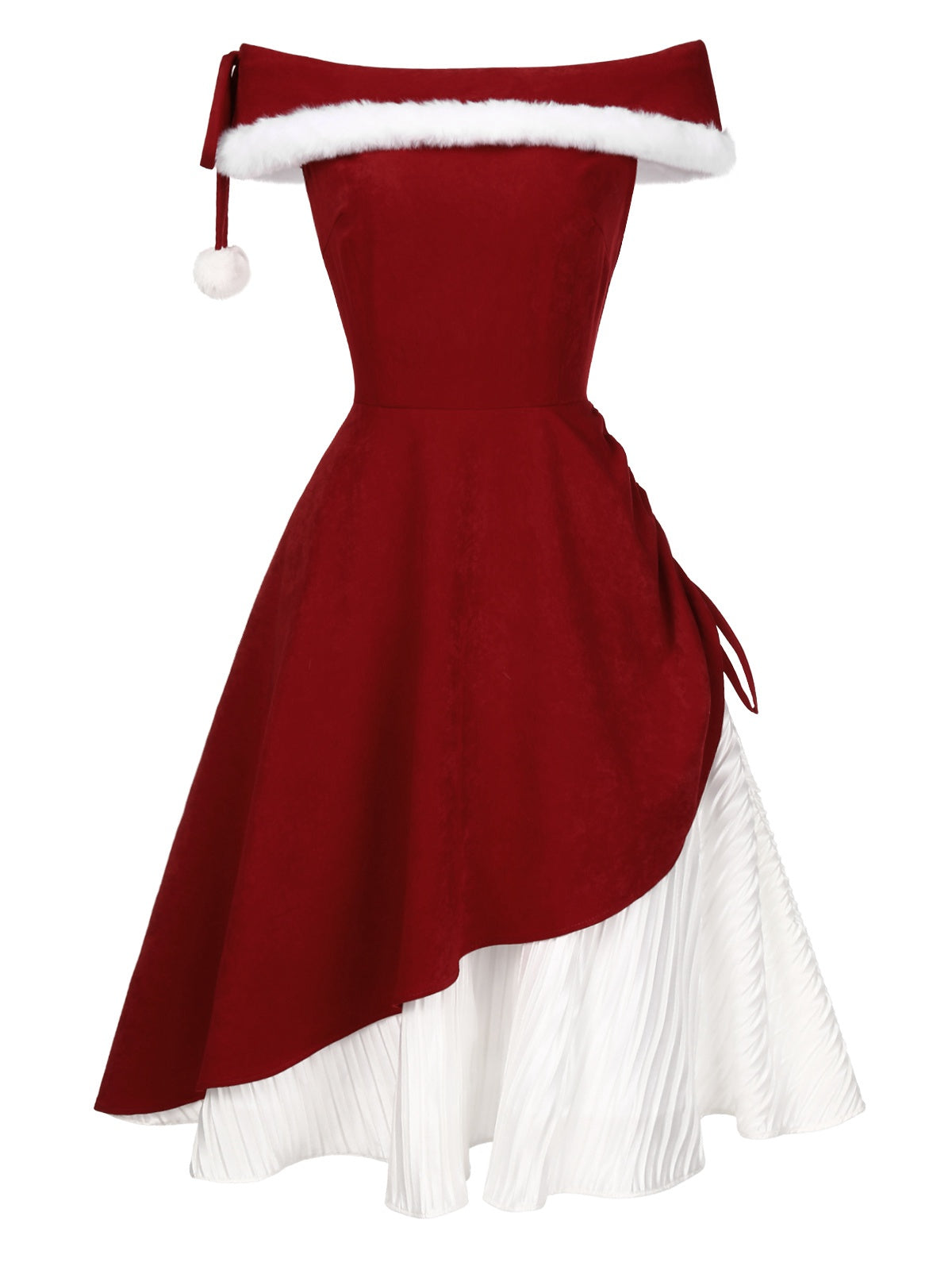 Rot 1950er Weihnachten Plüsch Schulterfrei Kleid