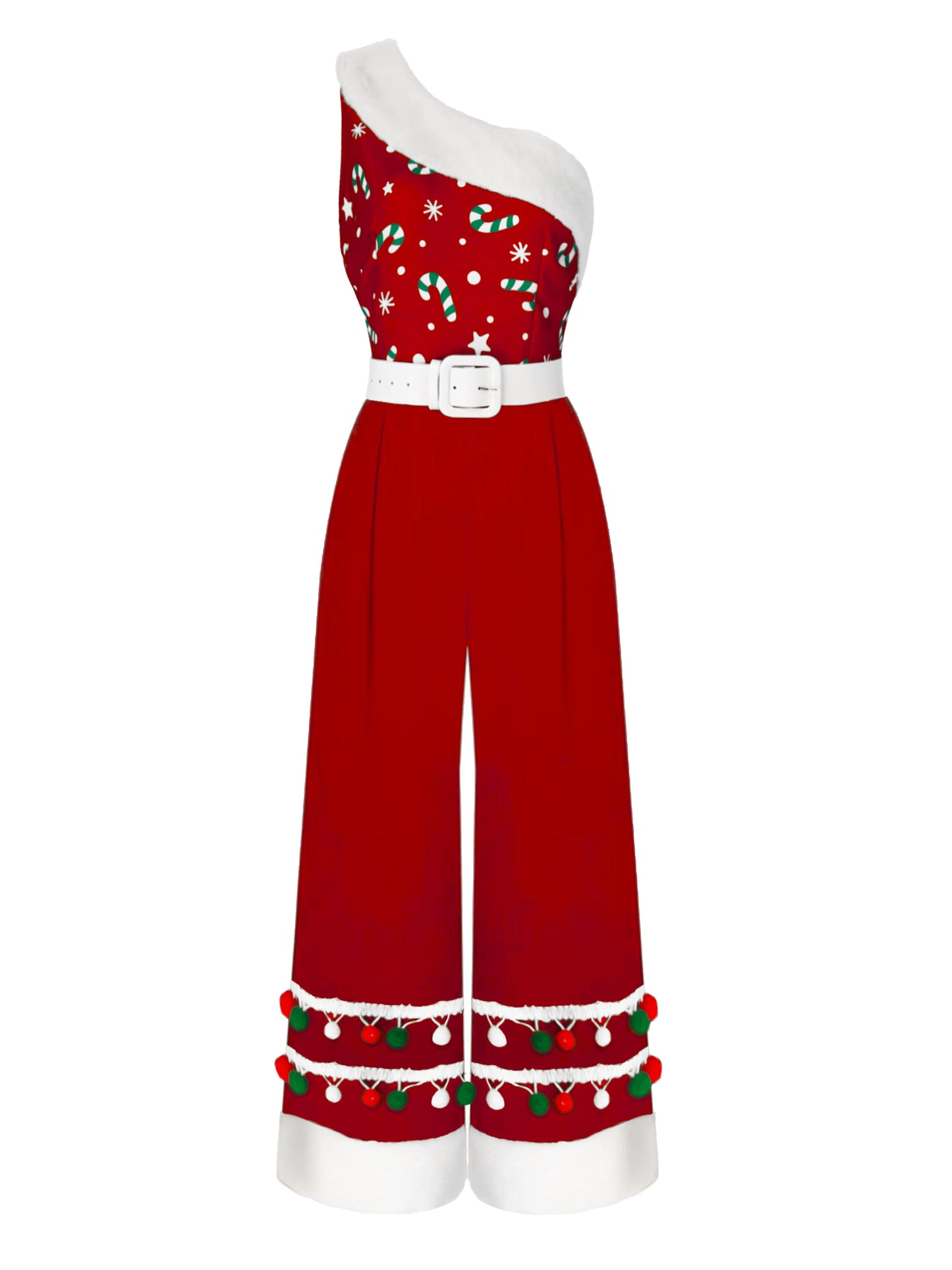 Grün 1950er Weihnachten Eine Schulter Fellknäuel Gürtel Jumpsuit