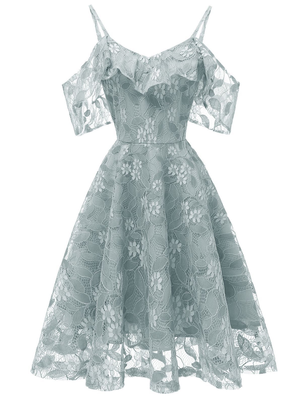 1950ER SPITZE SCHULTER RÜSCHEN BLUMEN KLEID