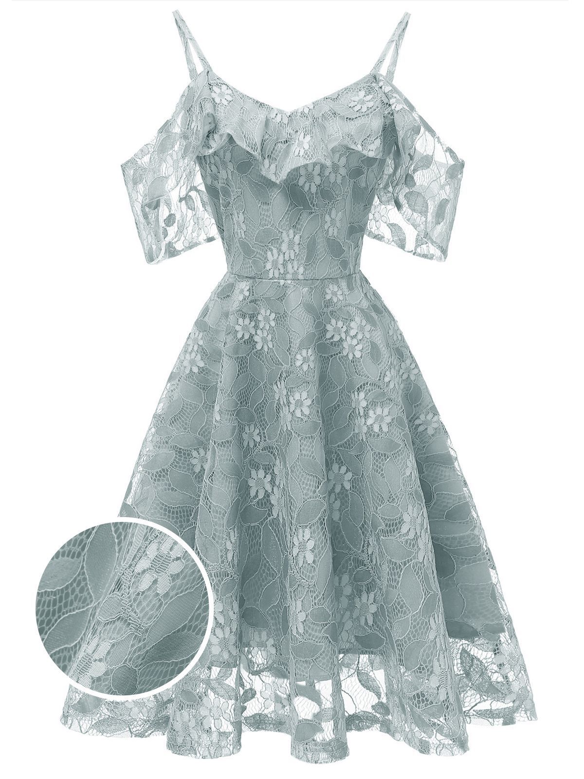 1950ER SPITZE SCHULTER RÜSCHEN BLUMEN KLEID