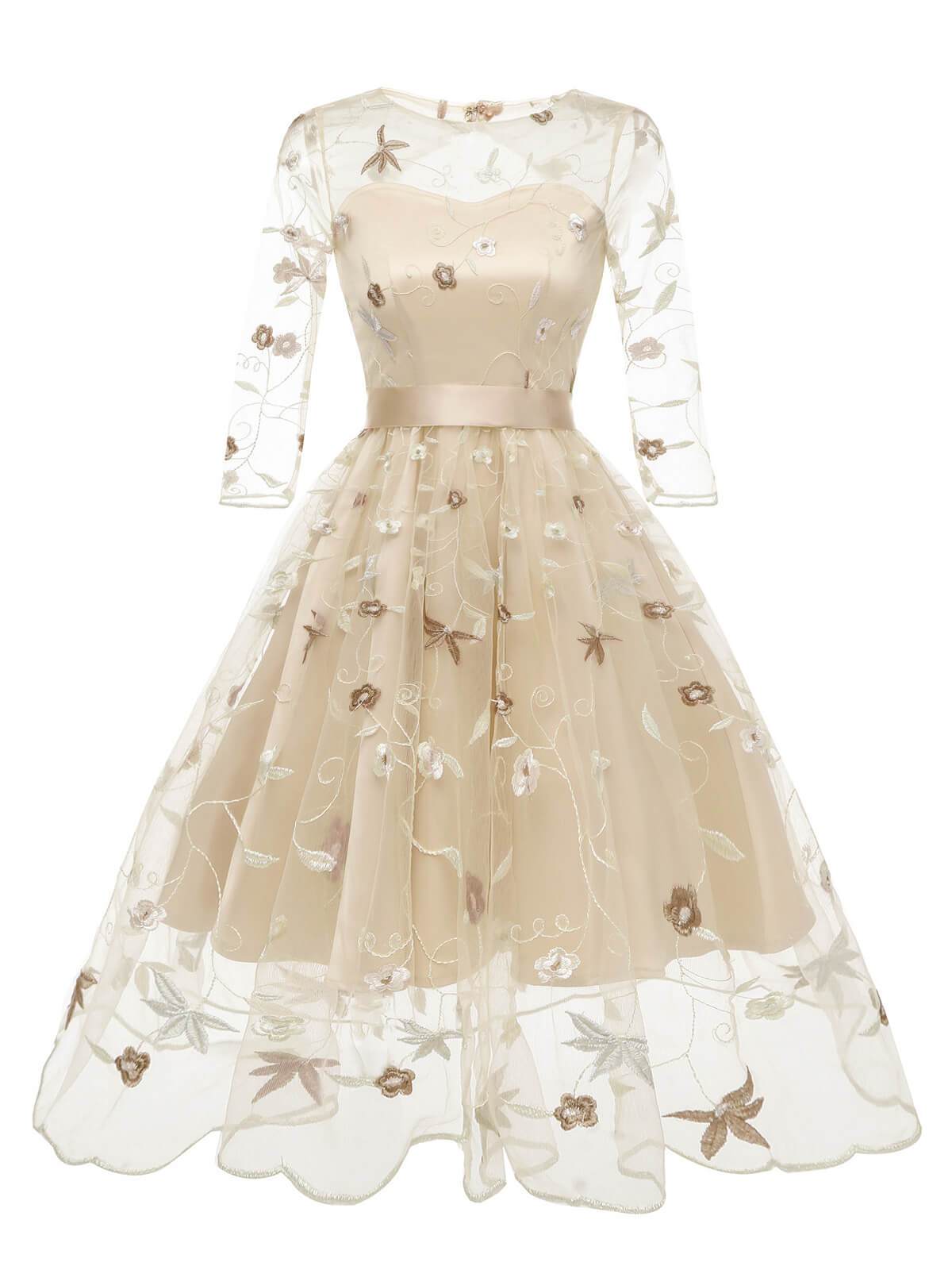 1950ER STICKEREI BLUMEN 3/4 ÄRMEL SWING KLEID