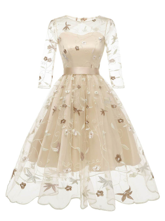 1950ER STICKEREI BLUMEN 3/4 ÄRMEL SWING KLEID