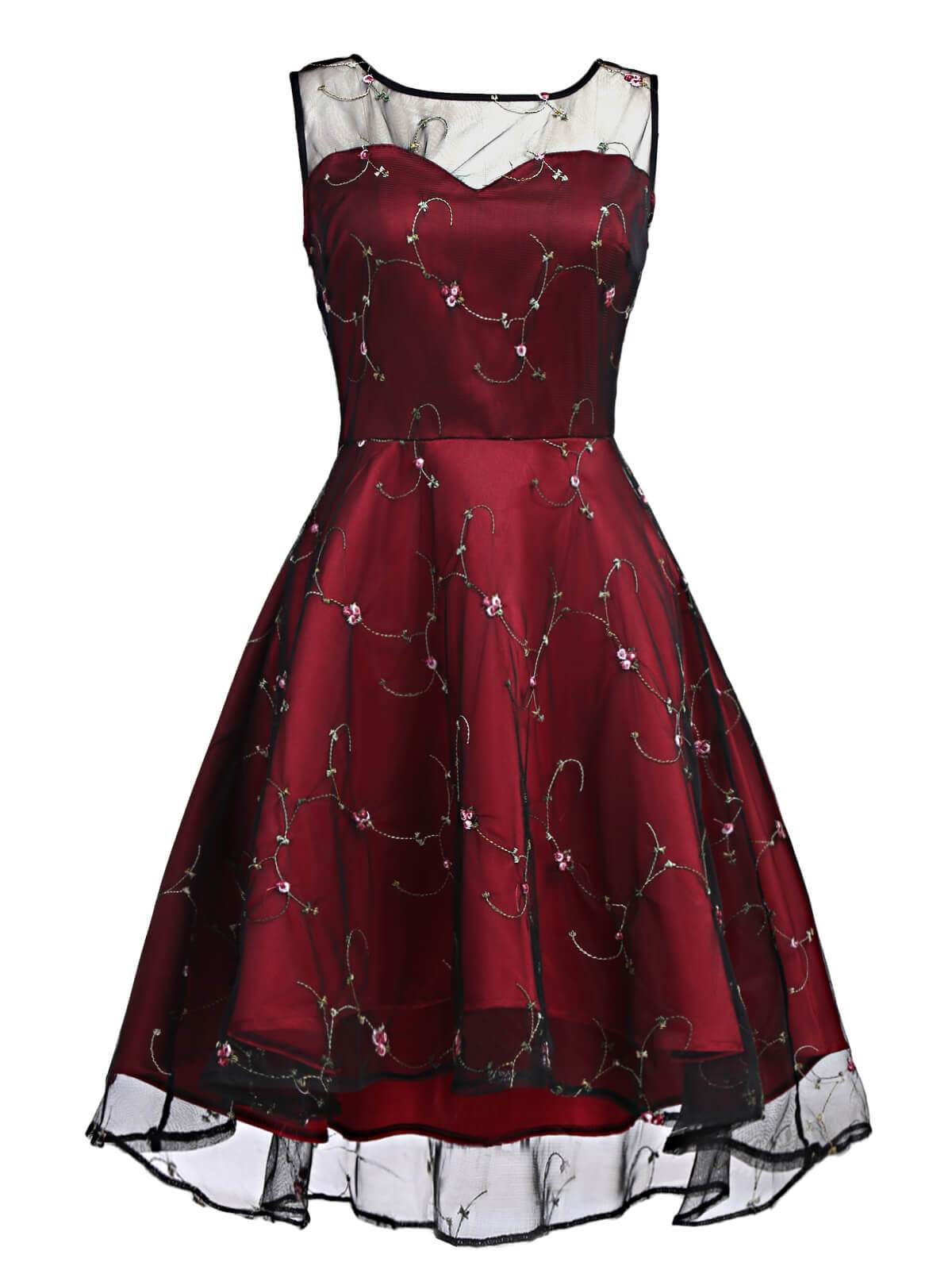 WEINROT 1950ER HILO SPITZE BLUMEN SWING KLEID