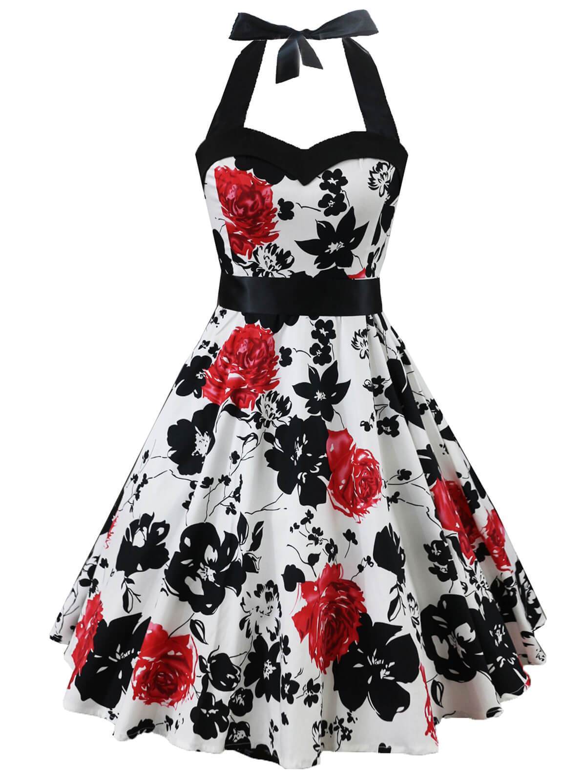 1950ER NECKHOLDER BLUMEN BOW SWING KLEID