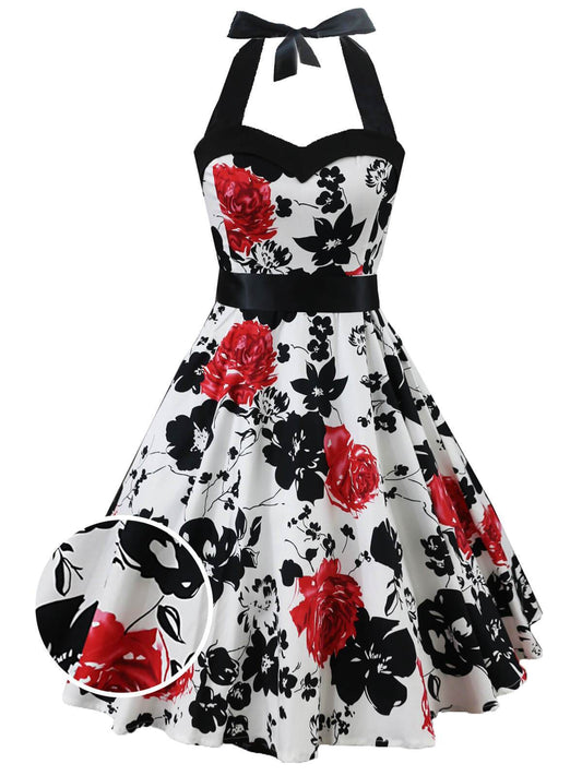 1950ER NECKHOLDER BLUMEN BOW SWING KLEID