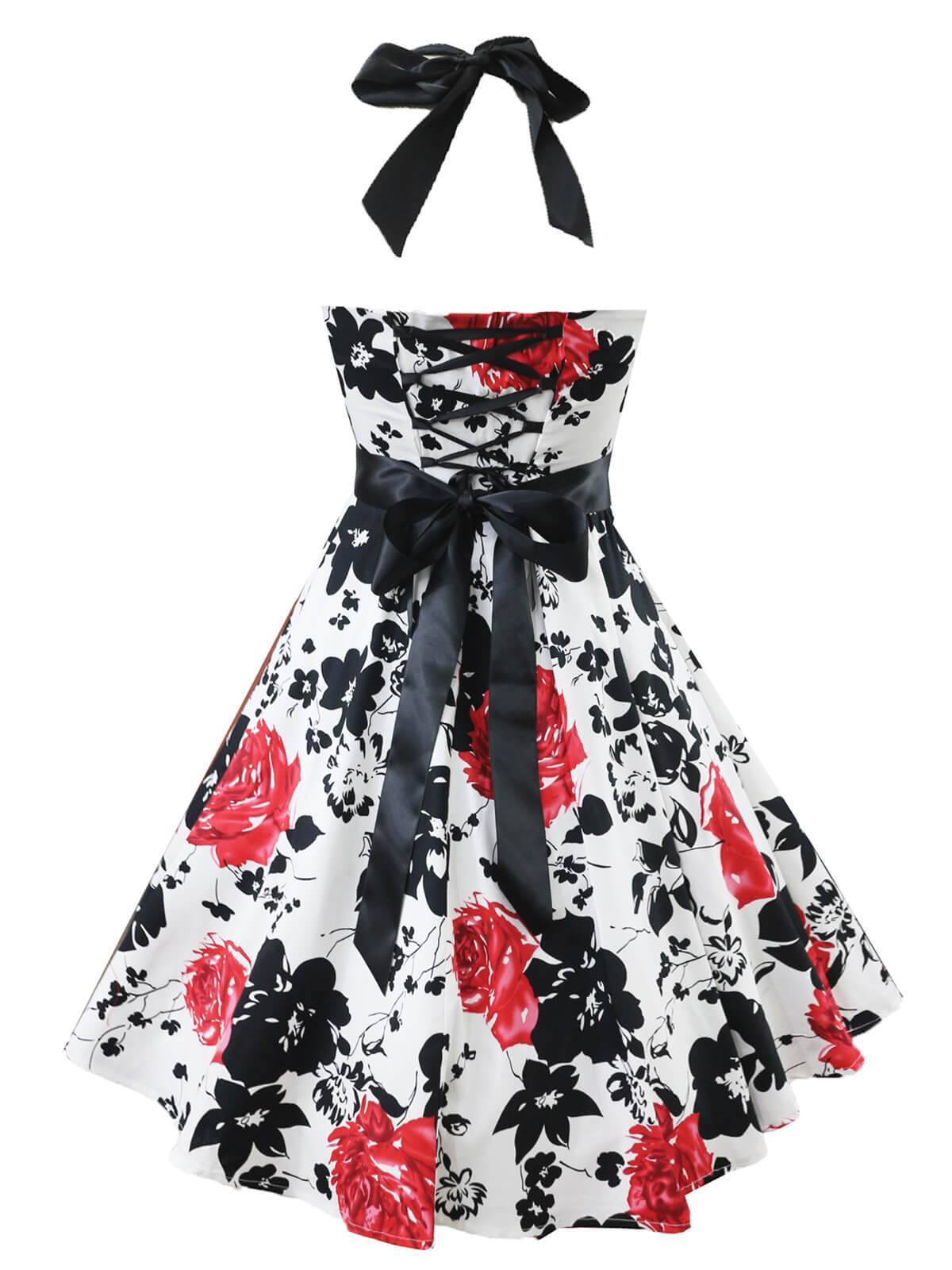 1950ER NECKHOLDER BLUMEN BOW SWING KLEID