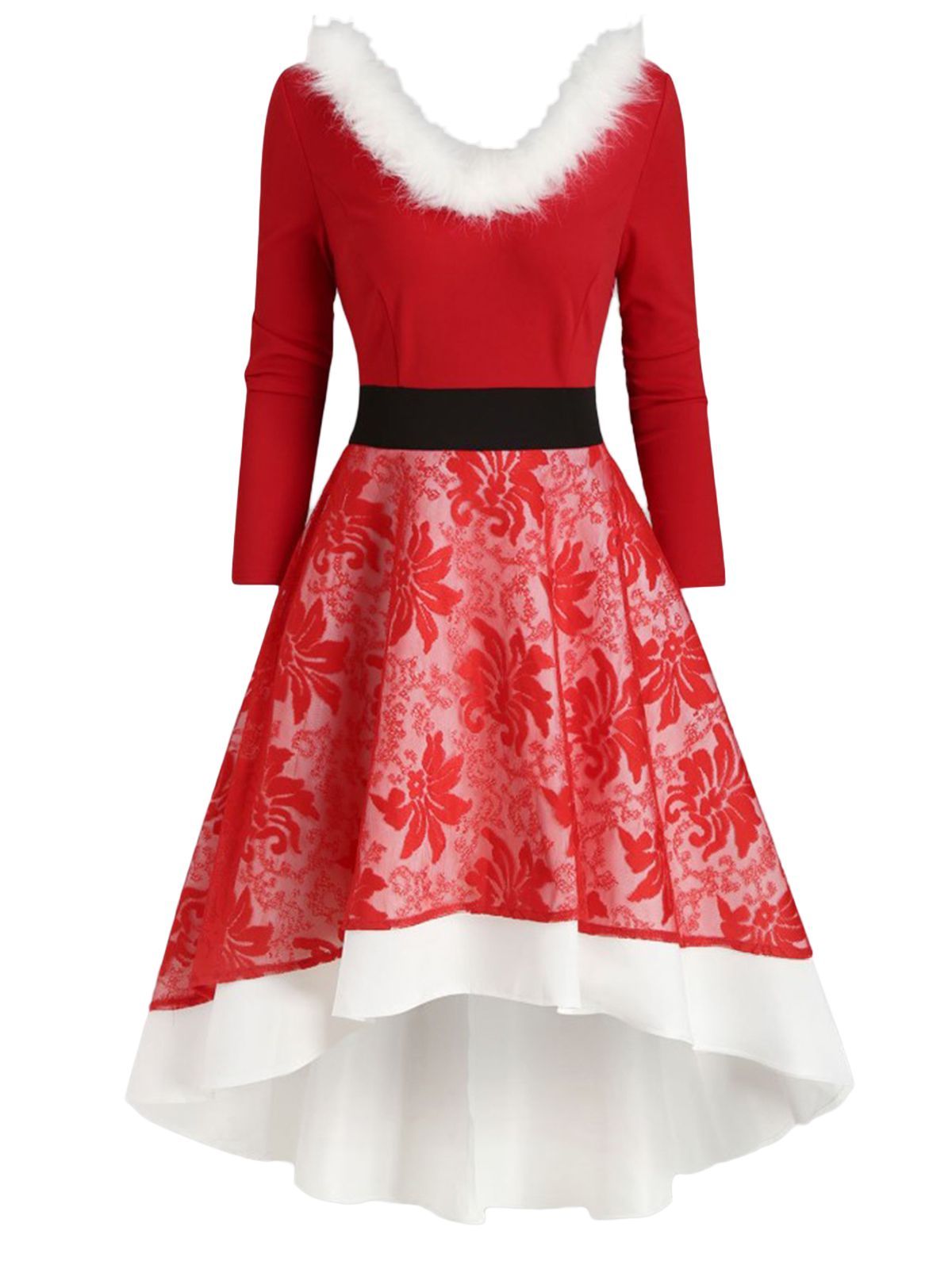 ROT 1950ER Weihnachtskleid HILO LANGE ÄRMEL BLUMEN KLEID