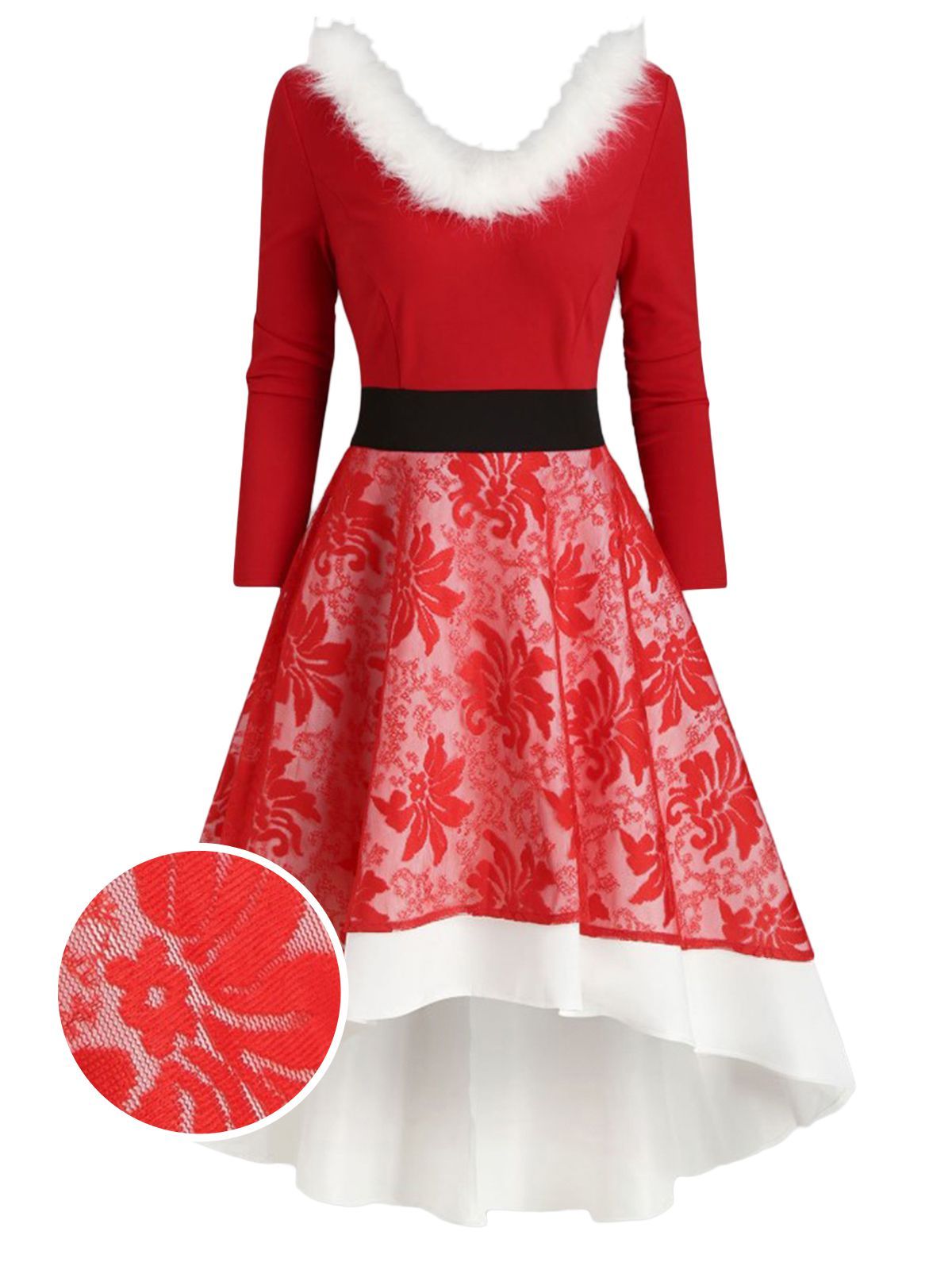 ROT 1950ER Weihnachtskleid HILO LANGE ÄRMEL BLUMEN KLEID