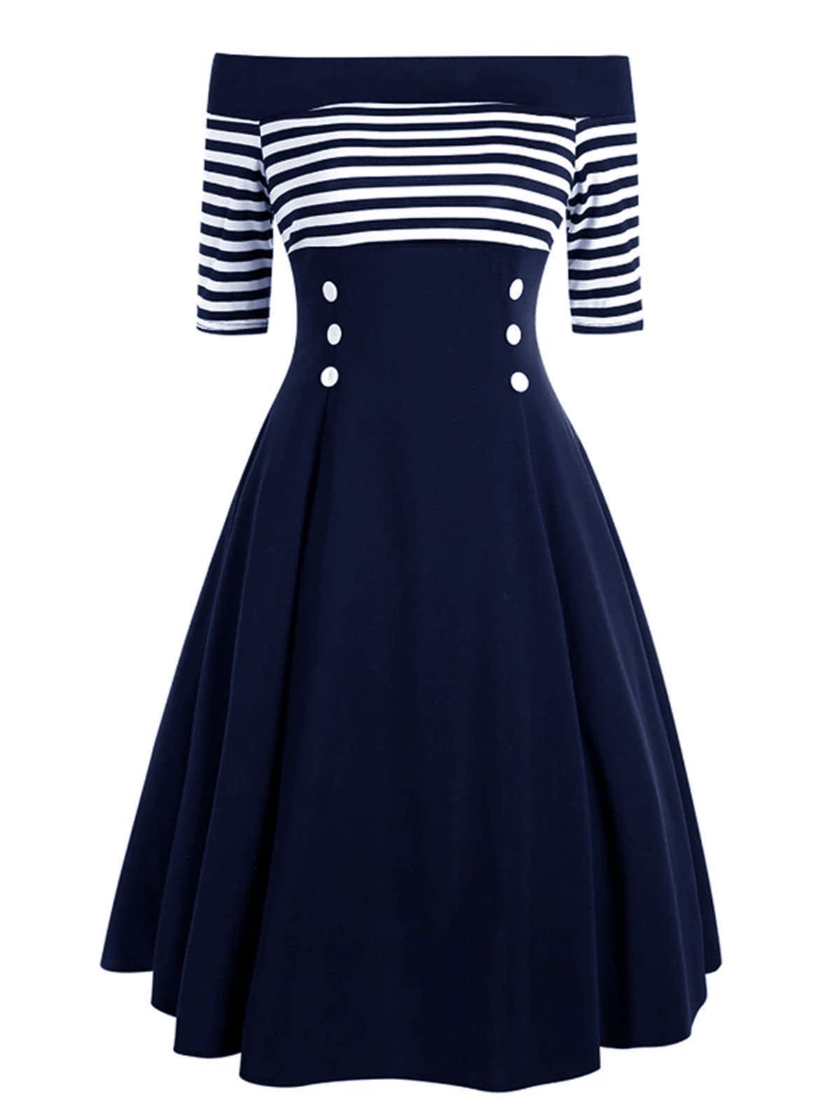 MARINEBLAU 1950ER STREIFEN SCHULTERFREIES KLEID