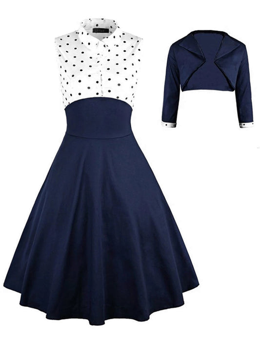 2PCS 1950ER MARINEBLAU DOT PATCHWORK SWING KLEID