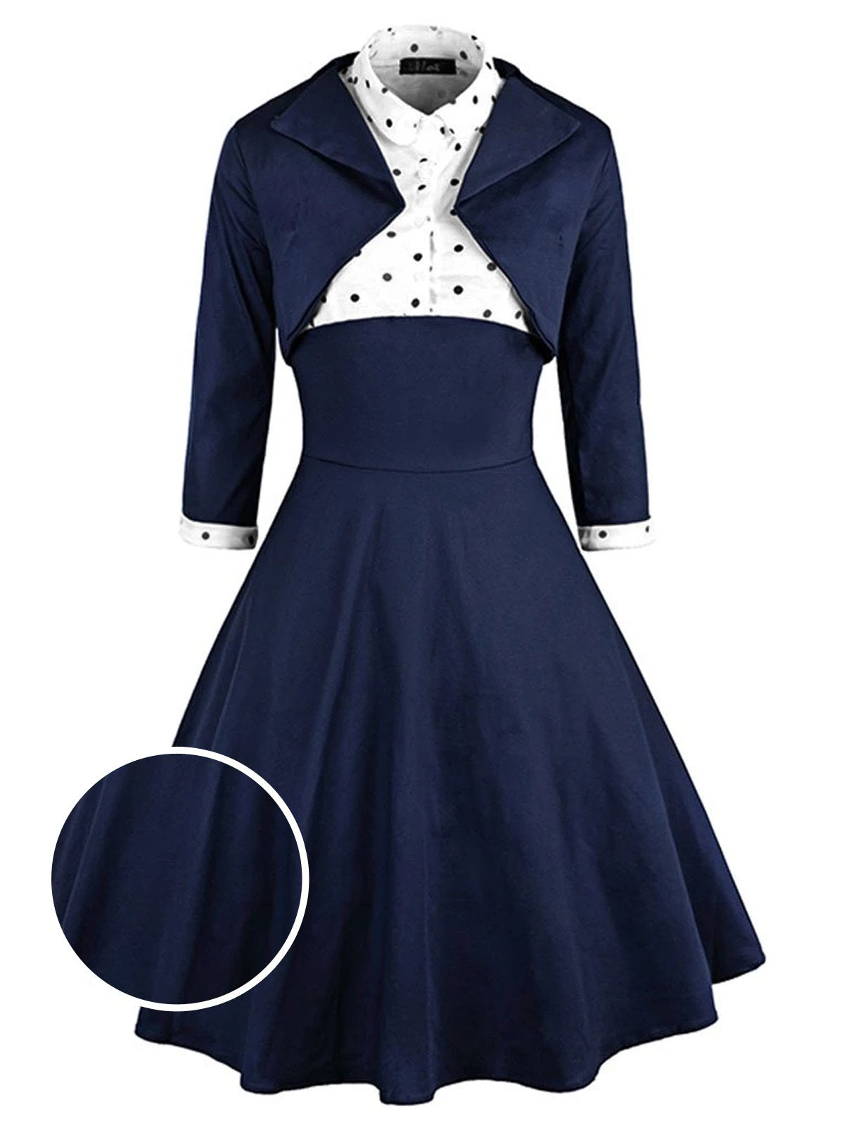 2PCS 1950ER MARINEBLAU DOT PATCHWORK SWING KLEID