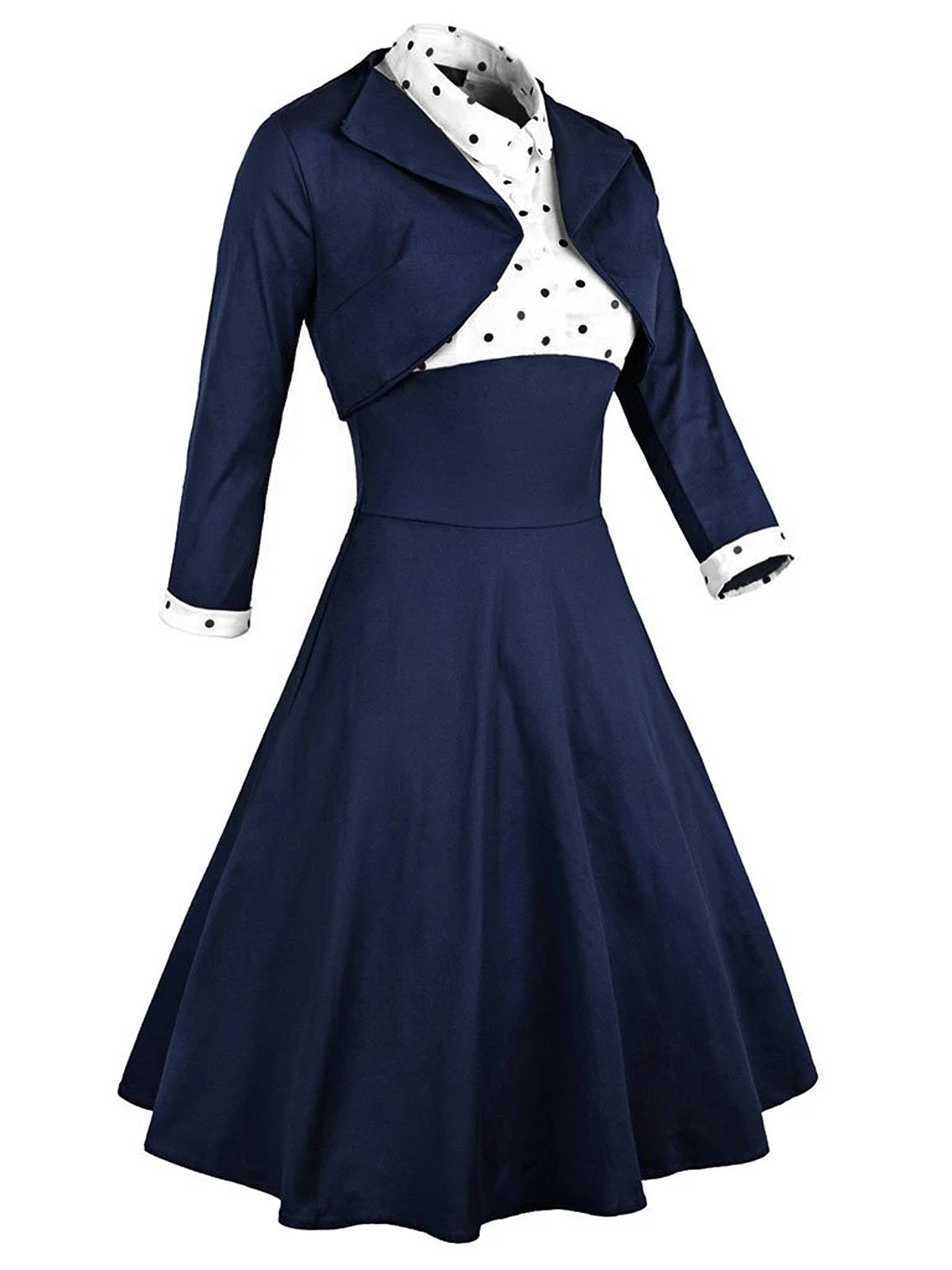 2PCS 1950ER MARINEBLAU DOT PATCHWORK SWING KLEID