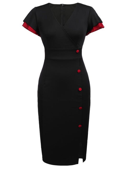 Schwarz Vintage Kurzarm Pencil Kleid