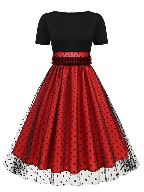 Rot 1950er Patchwork Kurzarm Dots Swing Kleid