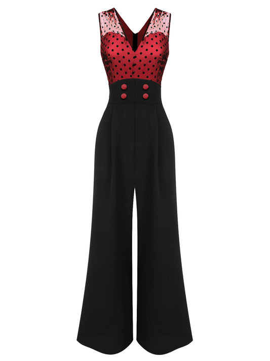 Rot 1930er Polka Dots Patchwork Jumpsuit