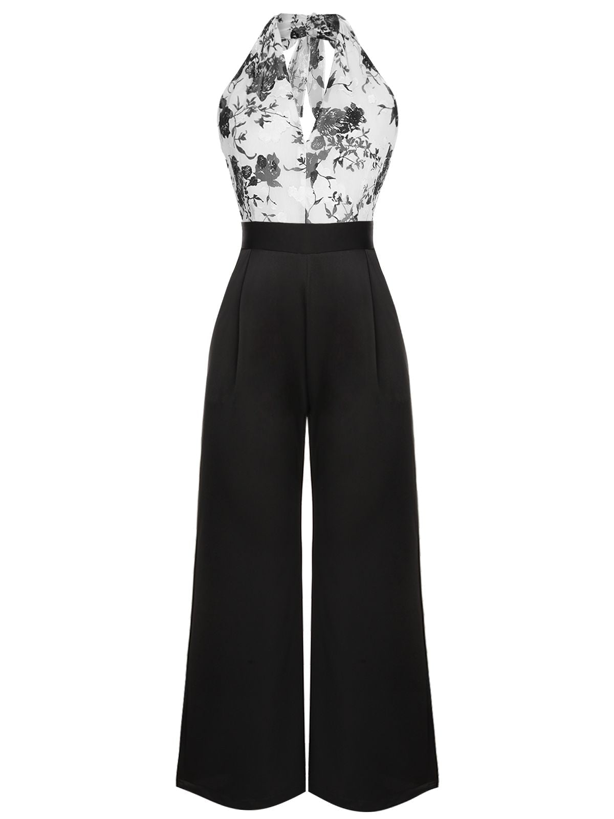 SCHWARZER WEISSER BLUMEN JUMPSUIT MIT HALFTERRIEMEN