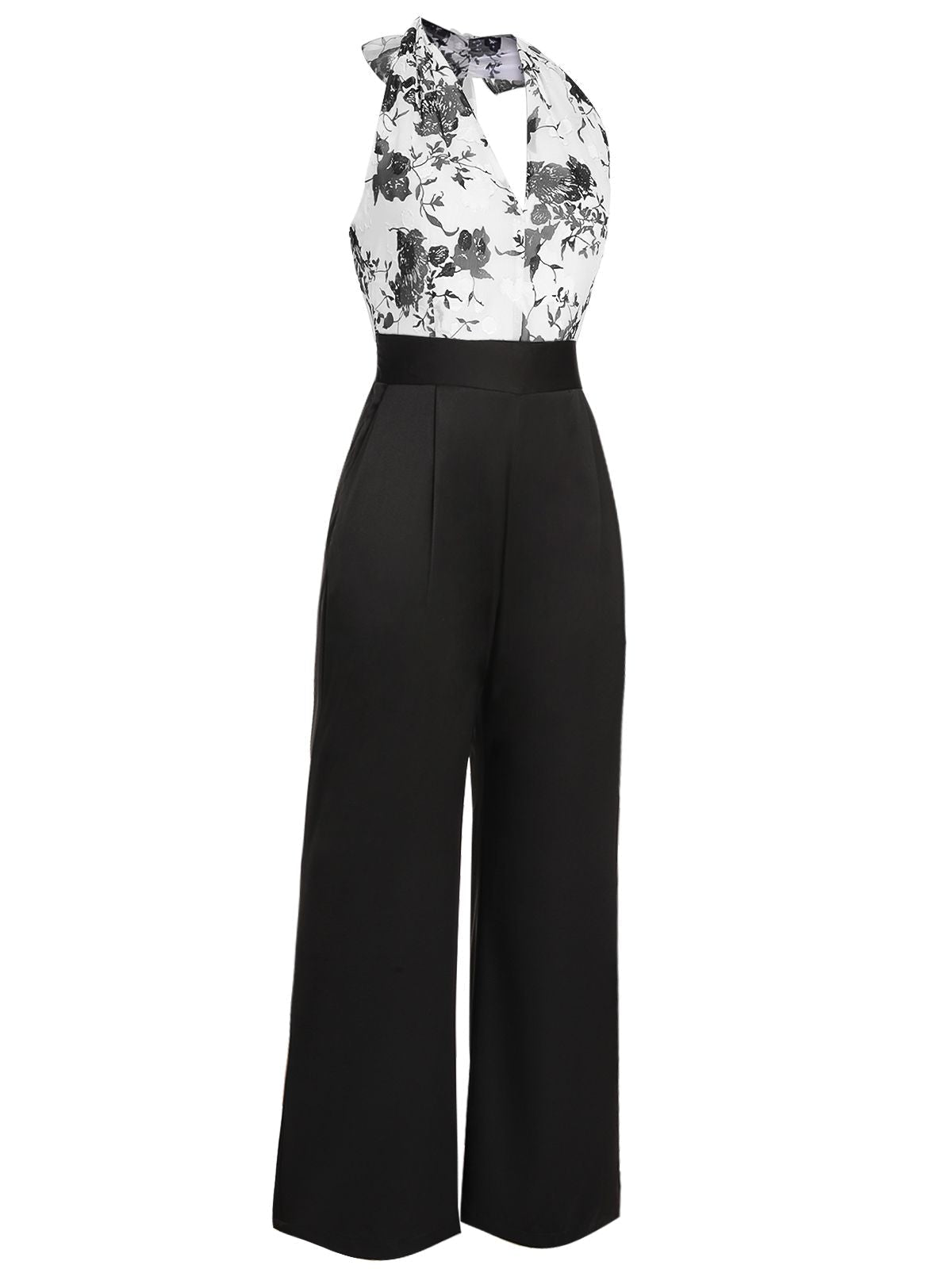 SCHWARZER WEISSER BLUMEN JUMPSUIT MIT HALFTERRIEMEN