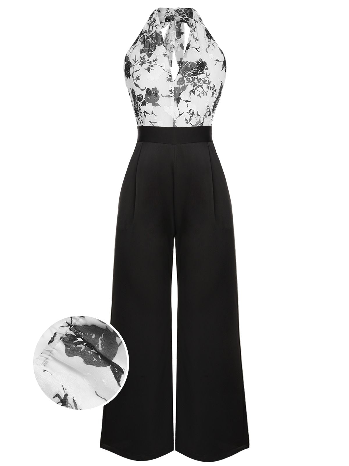 SCHWARZER WEISSER BLUMEN JUMPSUIT MIT HALFTERRIEMEN