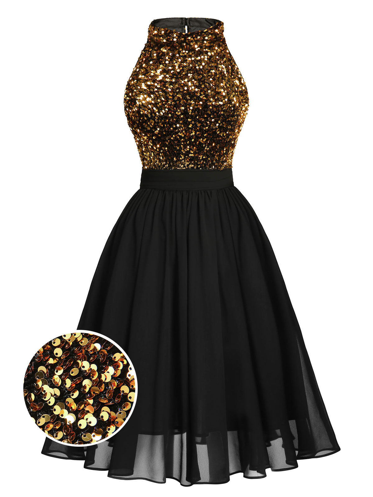 SCHWARZES 1950ER GOLD GLITZER PATCHWORK KLEID