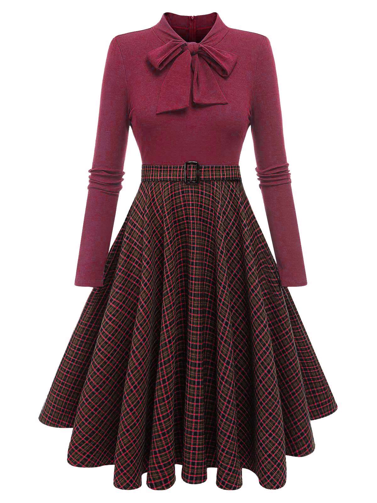 Rot 1950er Plaid Patchwork Strickkleid