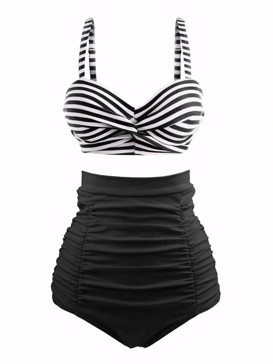 Schwarz Gestreiftes Colorblock Vintage Bikini Set